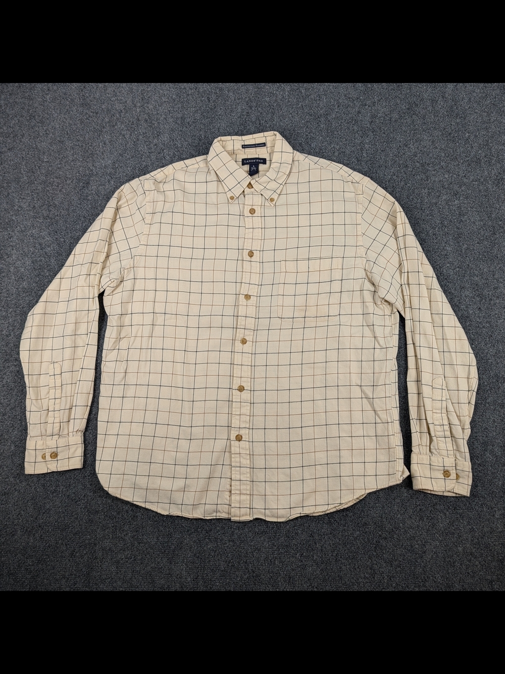 Lands End Portuguese Flannel Mens Large Cream Plaid Button Up Shirt Long Sleeve
